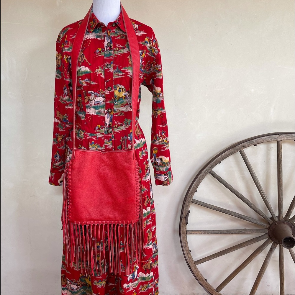 RAVIANI USA Western Red Tooled Leather American Indian Fringed Studded Bag NEW!! - Picture 8 of 14